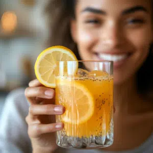 Woman smiling and holding a glass of Natural Mounjaro drink