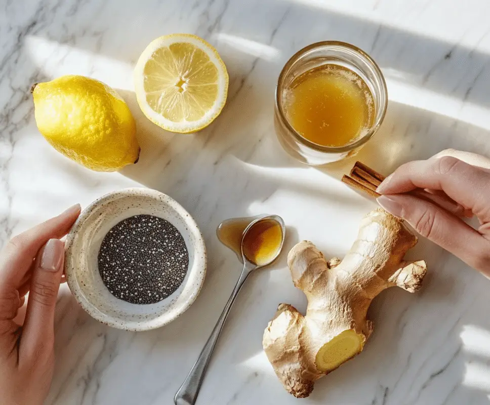 Ingredients for Natural Mounjaro drink laid out by hand