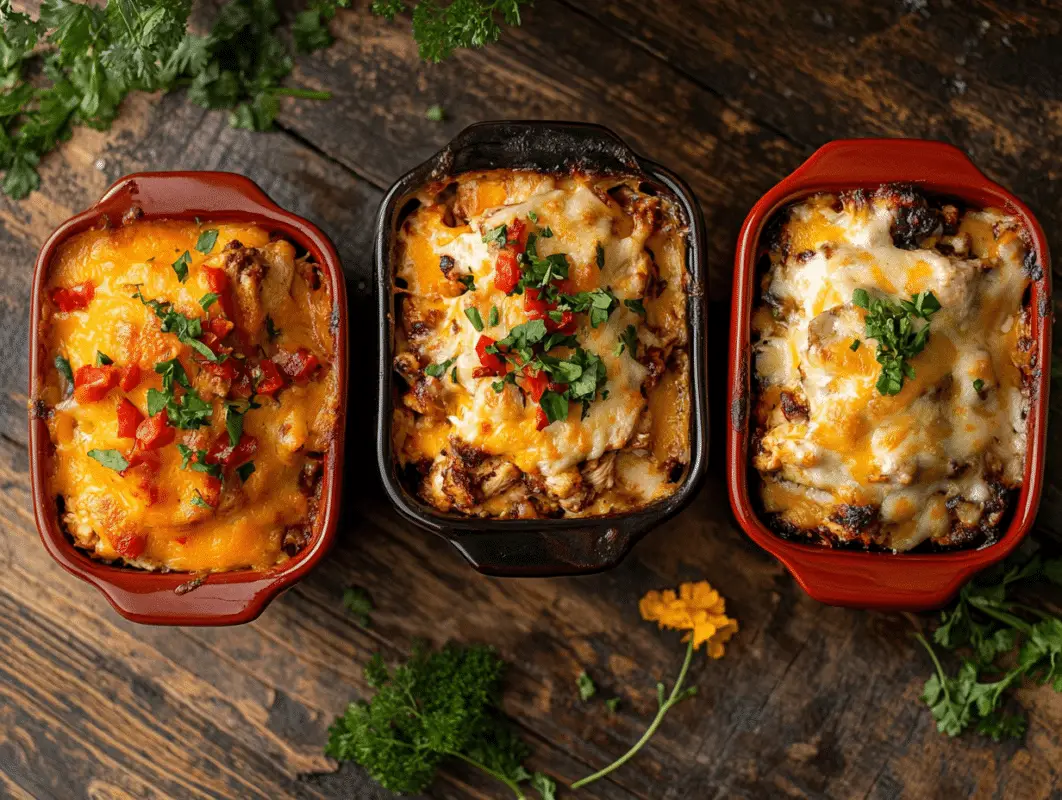 three Neiman Marcus Chicken Bake variations side by side
