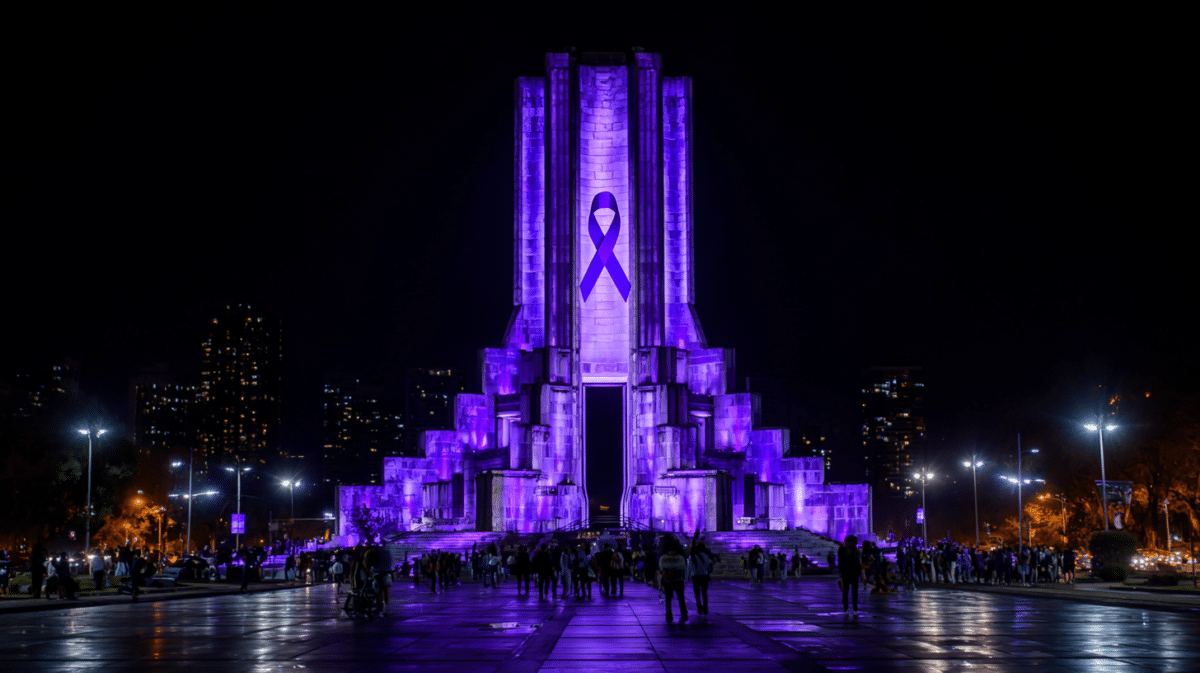 Purple ribbon campaign city monument lighting