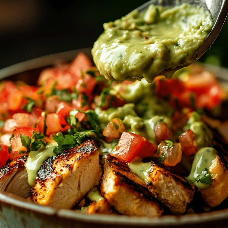 Close-up of Taco Bell Power Bowl topped with avocado ranch, sour cream, guacamole, pico de gallo and melted cheese