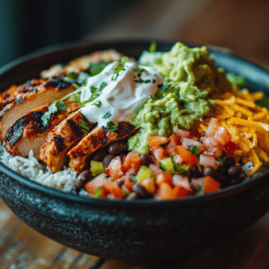 Taco Bell Menu Power Bowl with grilled chicken, black beans, rice, guacamole, avocado ranch and sour cream served in a ceramic bowl