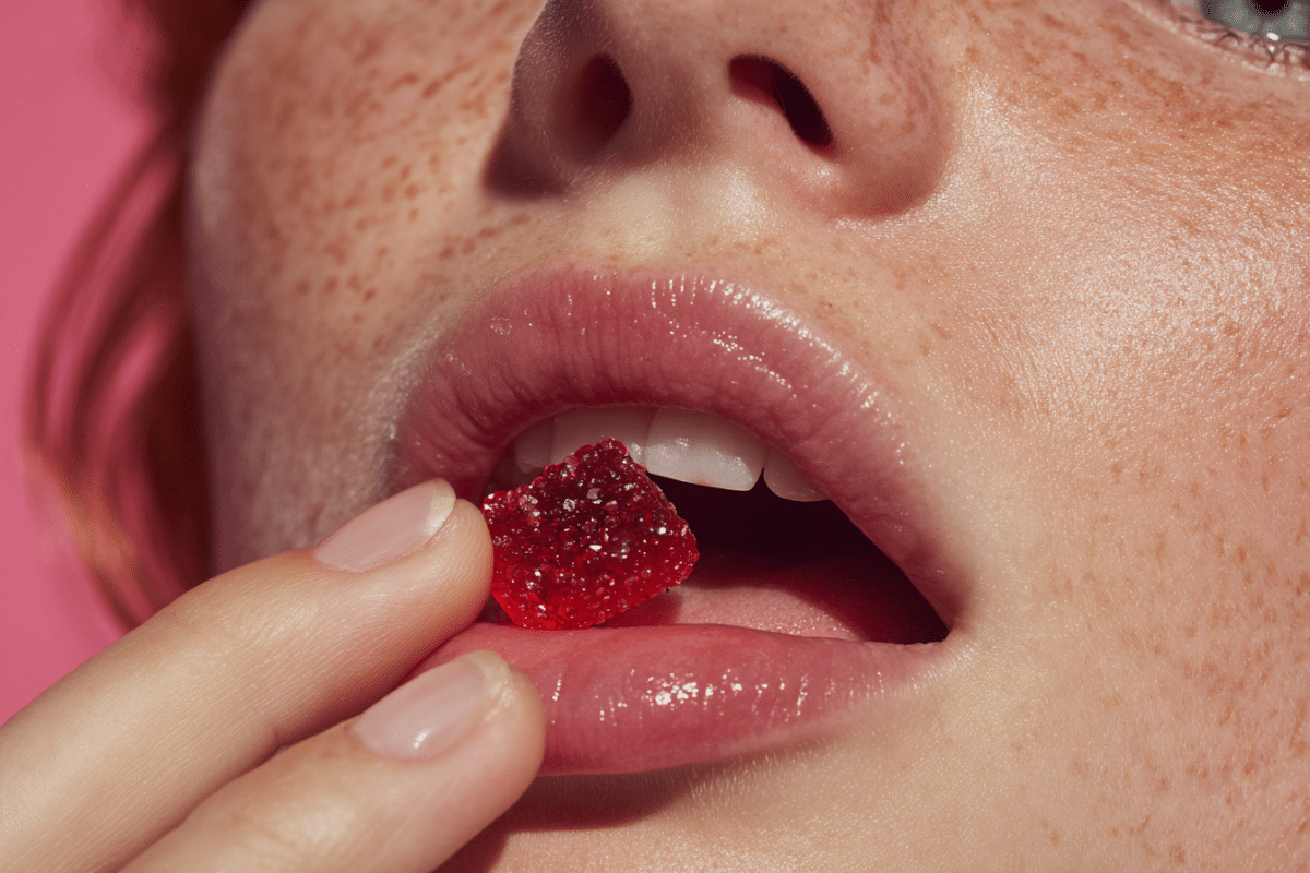 Holding apple cider vinegar gummy near mouth
